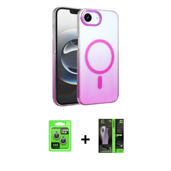 MARSİLYAN™- iPhone 16E Kılıf Ahenk Doku Özel Seri - Şeffaf 360 Full Body Arka Koruyucu + Raze Metal Kamera Lens - GS