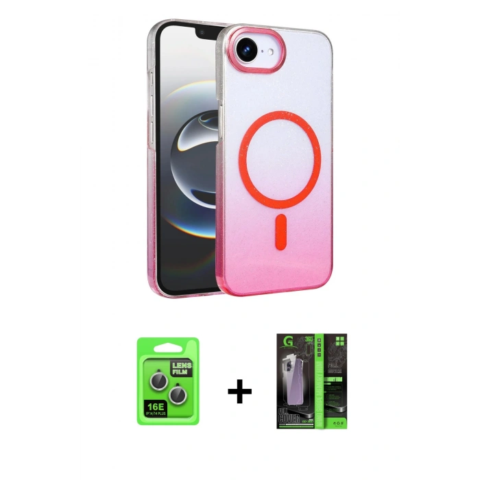 MARSİLYAN™- iPhone 16E Kılıf Ahenk Doku Özel Seri - Şeffaf 360 Full Body Arka Koruyucu + Raze Metal Kamera Lens - GS