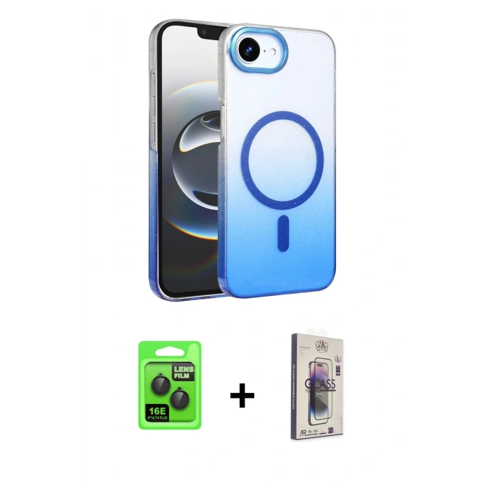 MARSİLYAN™- iPhone 16E Kılıf Ahenk Doku Özel Seri - Siyah Bilvis 3D Cam Ekran Koruyucu + Raze Metal Kamera Lens - SH