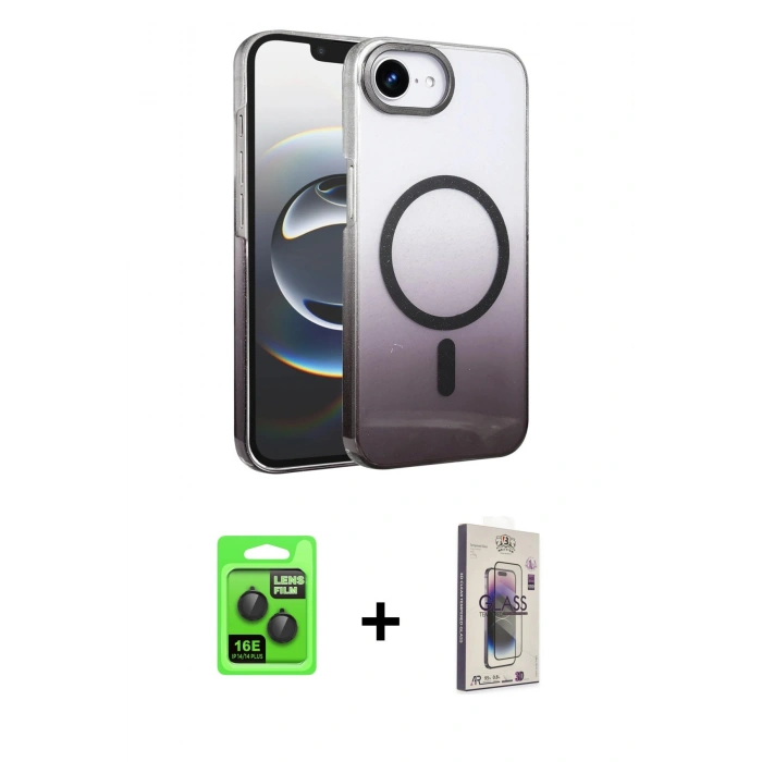 MARSİLYAN™- iPhone 16E Kılıf Ahenk Doku Özel Seri - Siyah Bilvis 3D Cam Ekran Koruyucu + Raze Metal Kamera Lens - SH