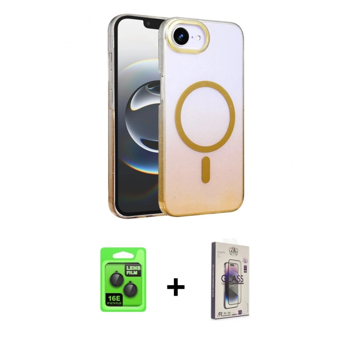 MARSİLYAN™- iPhone 16E Kılıf Ahenk Doku Özel Seri - Siyah Bilvis 3D Cam Ekran Koruyucu + Raze Metal Kamera Lens - SH