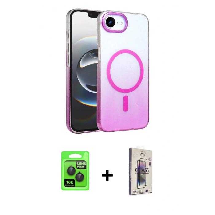 MARSİLYAN™- iPhone 16E Kılıf Ahenk Doku Özel Seri - Siyah Bilvis 3D Cam Ekran Koruyucu + Raze Metal Kamera Lens - SH