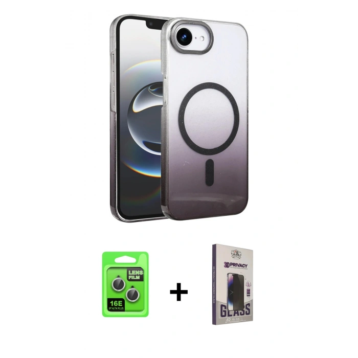 MARSİLYAN™- iPhone 16E Kılıf Ahenk Doku Özel Seri - Siyah Bilvis Hayalet Cam Ekran Koruyucu + Raze Metal Kamera Lens - GS