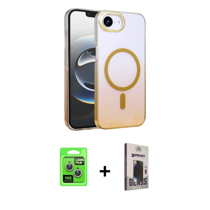 MARSİLYAN™- iPhone 16E Kılıf Ahenk Doku Özel Seri - Siyah Bilvis Hayalet Cam Ekran Koruyucu + Raze Metal Kamera Lens - GS