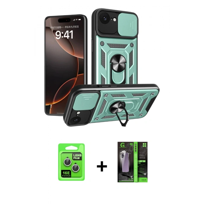 MARSİLYAN™- iPhone 16E Kılıf Ahenk Klasik - Şeffaf 360 Full Body Arka Koruyucu + Raze Metal Kamera Lens - GS