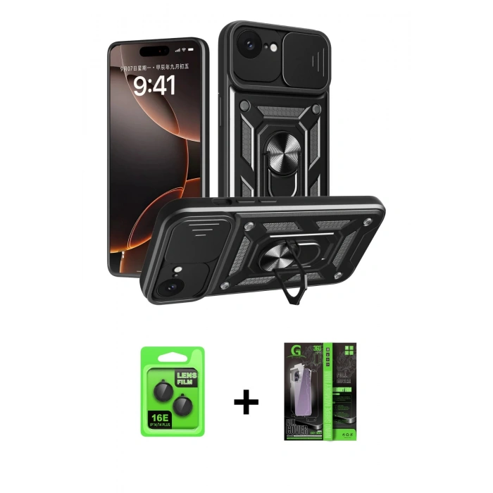 MARSİLYAN™- iPhone 16E Kılıf Ahenk Klasik - Şeffaf 360 Full Body Arka Koruyucu + Raze Metal Kamera Lens - SH