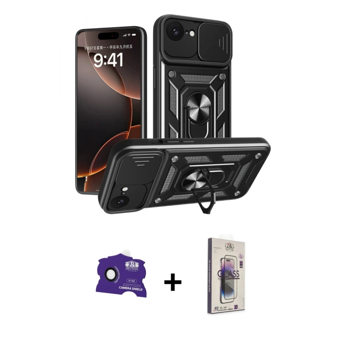 MARSİLYAN™- iPhone 16E Kılıf Ahenk Klasik - Siyah Bilvis 3D Cam Ekran Koruyucu + Bilvis Titan Kamera Lens - SH