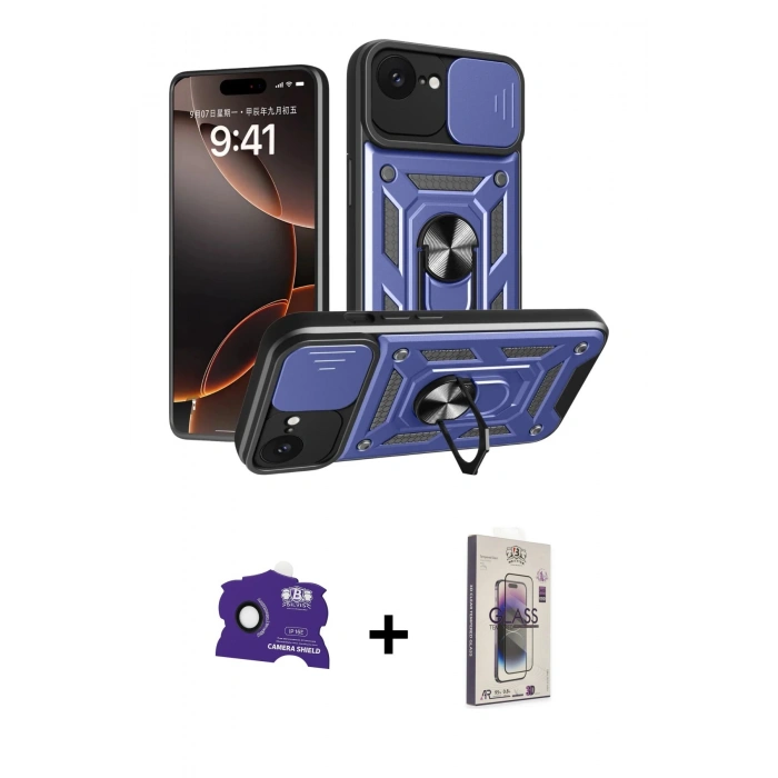 MARSİLYAN™- iPhone 16E Kılıf Ahenk Klasik - Siyah Bilvis 3D Cam Ekran Koruyucu + Bilvis Titan Kamera Lens - SH