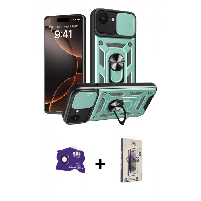 MARSİLYAN™- iPhone 16E Kılıf Ahenk Klasik - Siyah Bilvis 3D Cam Ekran Koruyucu + Bilvis Titan Kamera Lens - SH