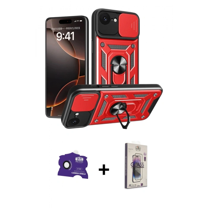 MARSİLYAN™- iPhone 16E Kılıf Ahenk Klasik - Siyah Bilvis 3D Cam Ekran Koruyucu + Bilvis Titan Kamera Lens - SH