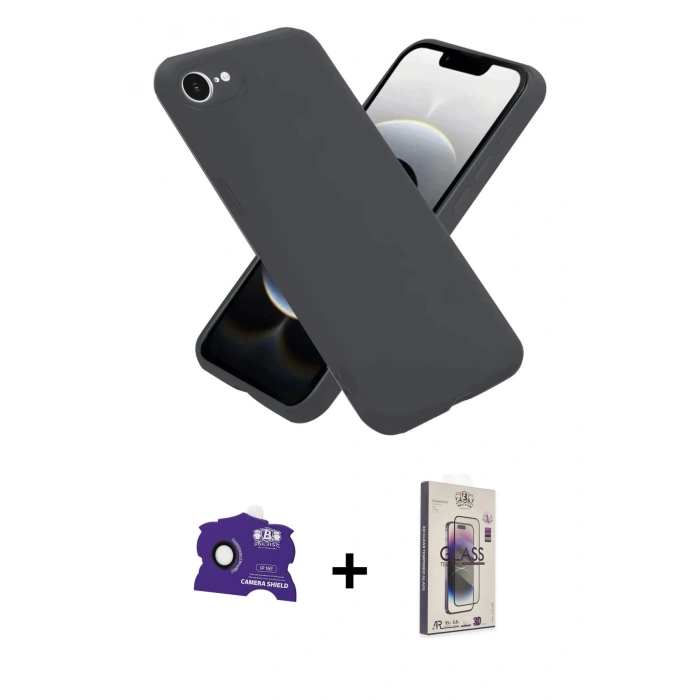 MARSİLYAN™- iPhone 16E Kılıf Ahenk Serisi - Siyah Bilvis 3D Cam Ekran Koruyucu + Bilvis Titan Kamera Lens - SH