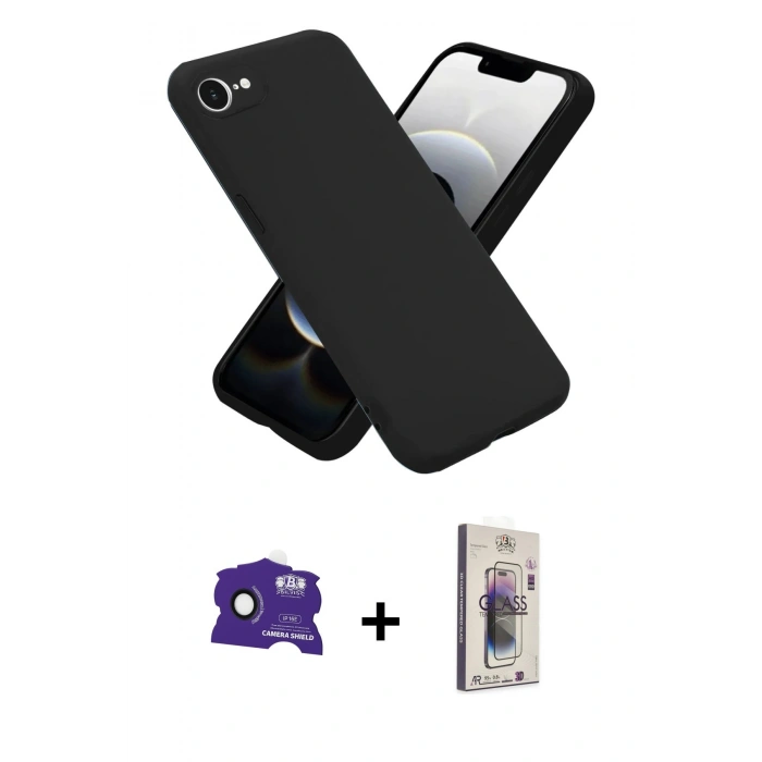 MARSİLYAN™- iPhone 16E Kılıf Ahenk Serisi - Siyah Bilvis 3D Cam Ekran Koruyucu + Bilvis Titan Kamera Lens - SH