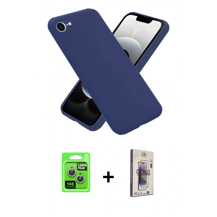 MARSİLYAN™- iPhone 16E Kılıf Ahenk Serisi - Siyah Bilvis 3D Cam Ekran Koruyucu + Raze Metal Kamera Lens - GS