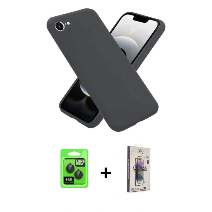 MARSİLYAN™- iPhone 16E Kılıf Ahenk Serisi - Siyah Bilvis 3D Cam Ekran Koruyucu + Raze Metal Kamera Lens - SH
