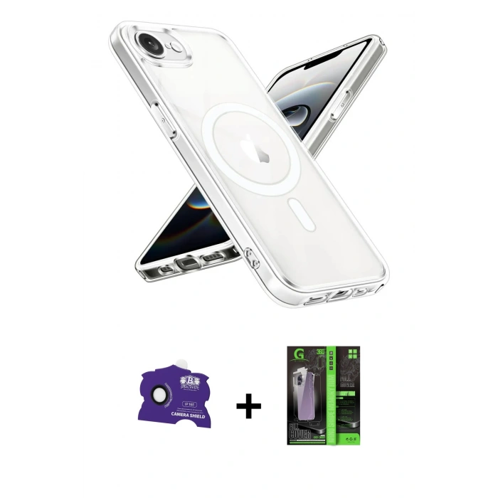 MARSİLYAN™- iPhone 16E Kılıf Ahenk Yansıma Prime - Şeffaf 360 Full Body Arka Koruyucu + Bilvis Titan Kamera Lens - SH