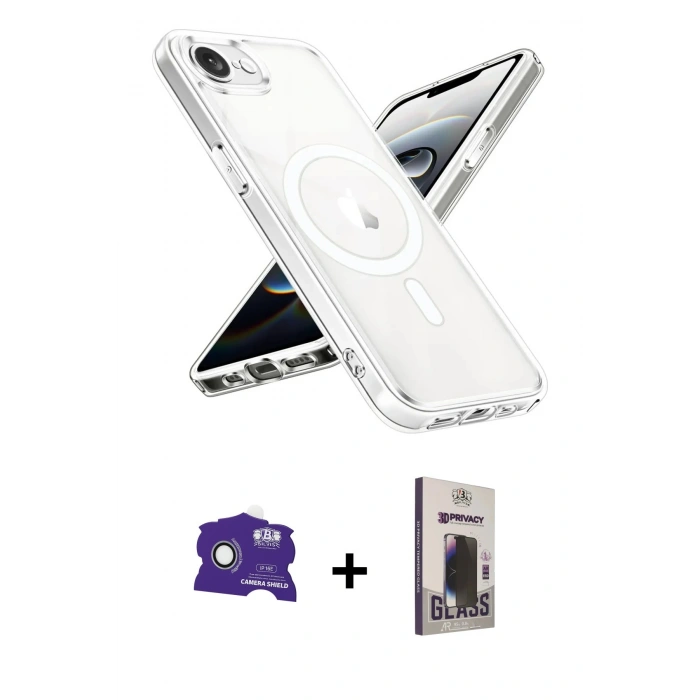 MARSİLYAN™- iPhone 16E Kılıf Ahenk Yansıma Prime - Siyah Bilvis Hayalet Cam Ekran Koruyucu + Bilvis Titan Kamera Lens - BZ