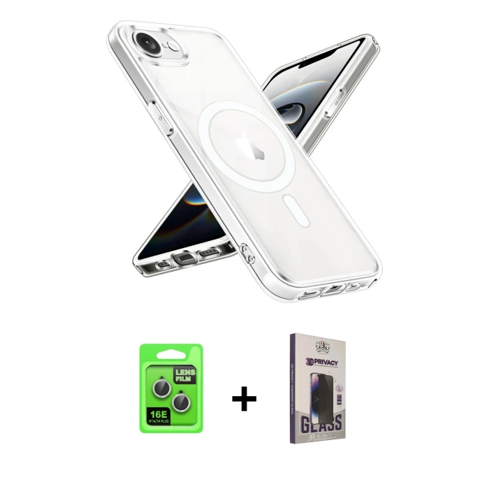MARSİLYAN™- iPhone 16E Kılıf Ahenk Yansıma Prime - Siyah Bilvis Hayalet Cam Ekran Koruyucu + Raze Metal Kamera Lens - GS