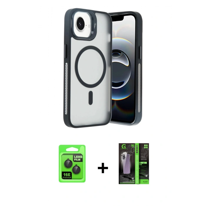 MARSİLYAN™- iPhone 16E Kılıf Akış Form - Şeffaf 360 Full Body Arka Koruyucu + Raze Metal Kamera Lens - SH