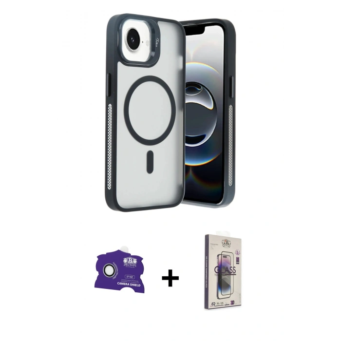MARSİLYAN™- iPhone 16E Kılıf Akış Form - Siyah Bilvis 3D Cam Ekran Koruyucu + Beyaz Bilvis Titan Kamera Lens