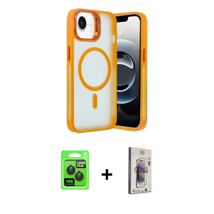 MARSİLYAN™- iPhone 16E Kılıf Akış Form - Siyah Bilvis 3D Cam Ekran Koruyucu + Raze Metal Kamera Lens - SH