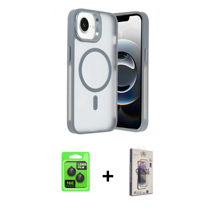 MARSİLYAN™- iPhone 16E Kılıf Akış Form - Siyah Bilvis 3D Cam Ekran Koruyucu + Raze Metal Kamera Lens - SH