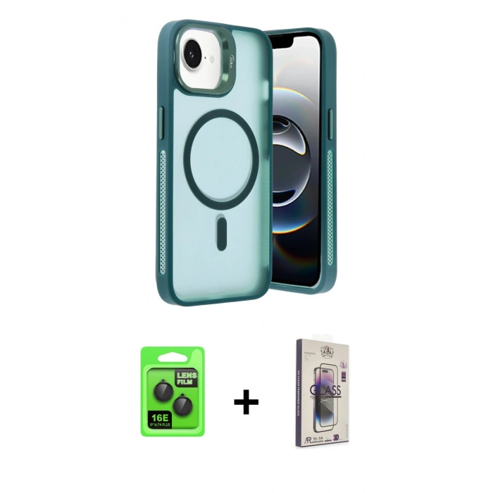 MARSİLYAN™- iPhone 16E Kılıf Akış Form - Siyah Bilvis 3D Cam Ekran Koruyucu + Raze Metal Kamera Lens - SH