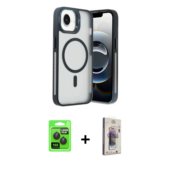 MARSİLYAN™- iPhone 16E Kılıf Akış Form - Siyah Bilvis 3D Cam Ekran Koruyucu + Raze Metal Kamera Lens - SH