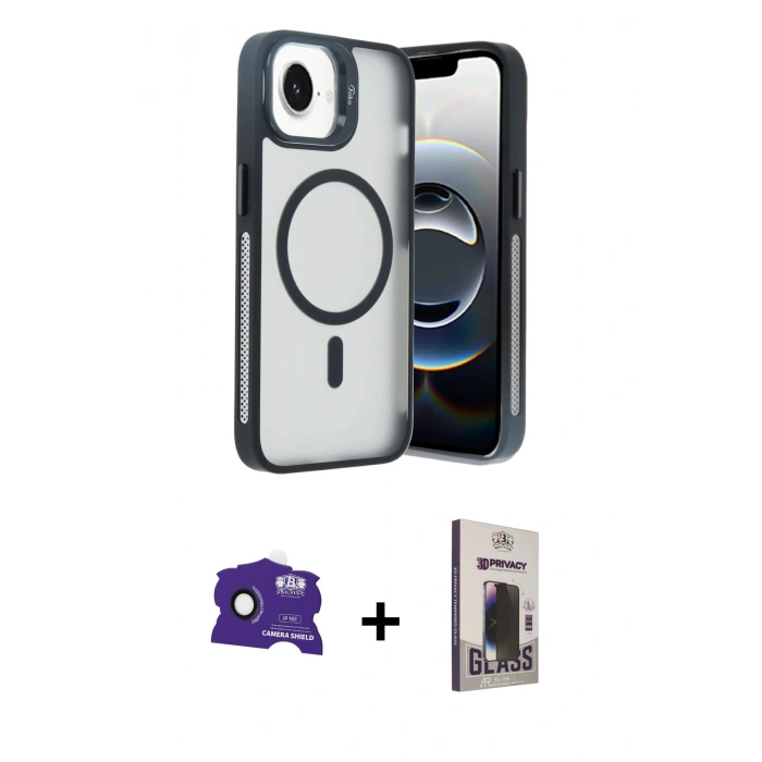 MARSİLYAN™- iPhone 16E Kılıf Akış Form - Siyah Bilvis Hayalet Cam Ekran Koruyucu + Bilvis Titan Kamera Lens - SH
