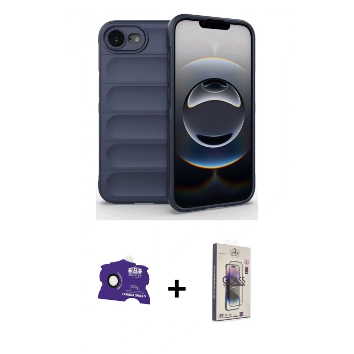 MARSİLYAN™- iPhone 16E Kılıf Atlas Koleksiyonu - Siyah Bilvis 3D Cam Ekran Koruyucu + Bilvis Titan Kamera Lens - SH