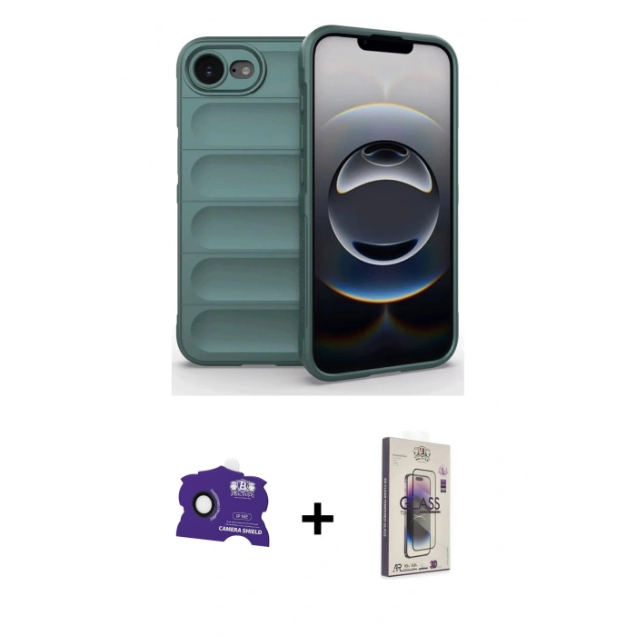 MARSİLYAN™- iPhone 16E Kılıf Atlas Koleksiyonu - Siyah Bilvis 3D Cam Ekran Koruyucu + Bilvis Titan Kamera Lens - SH