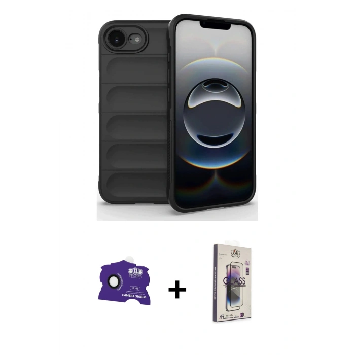 MARSİLYAN™- iPhone 16E Kılıf Atlas Koleksiyonu - Siyah Bilvis 3D Cam Ekran Koruyucu + Bilvis Titan Kamera Lens - SH