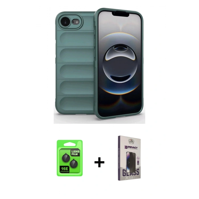MARSİLYAN™- iPhone 16E Kılıf Atlas Koleksiyonu - Siyah Bilvis Hayalet Cam Ekran Koruyucu + Raze Metal Kamera Lens - SH