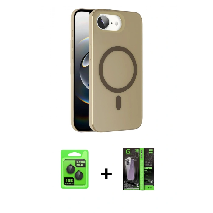 MARSİLYAN™- iPhone 16E Kılıf Çekirdek Modern Prime - Şeffaf 360 Full Body Arka Koruyucu + Siyah Raze Metal Kamera Lens