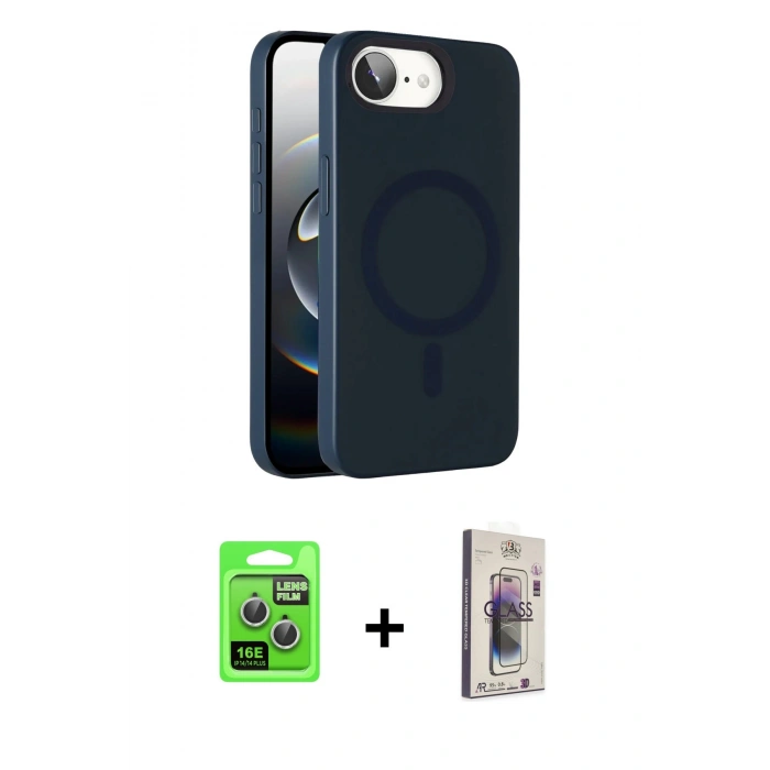 MARSİLYAN™- iPhone 16E Kılıf Çekirdek Modern Prime - Siyah Bilvis 3D Cam Ekran Koruyucu + Raze Metal Kamera Lens - GS