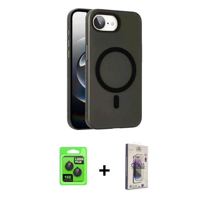 MARSİLYAN™- iPhone 16E Kılıf Çekirdek Modern Prime - Siyah Bilvis 3D Cam Ekran Koruyucu + Raze Metal Kamera Lens - SH
