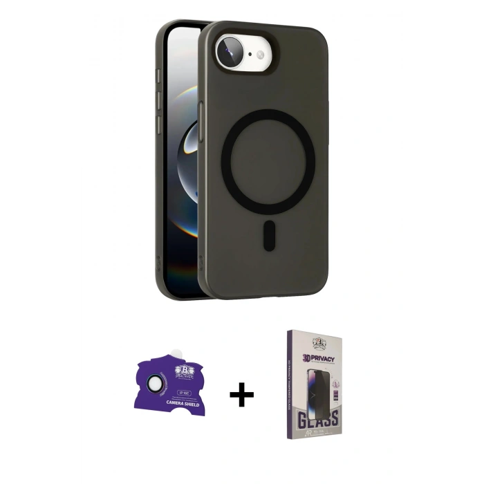 MARSİLYAN™- iPhone 16E Kılıf Çekirdek Modern Prime - Siyah Bilvis Hayalet Cam Ekran Koruyucu + Bilvis Titan Kamera Lens - RW