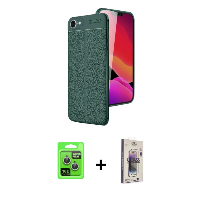 MARSİLYAN™- iPhone 16E Kılıf Doruk Klasik Özel Seri - Siyah Bilvis 3D Cam Ekran Koruyucu + Raze Metal Kamera Lens - GS