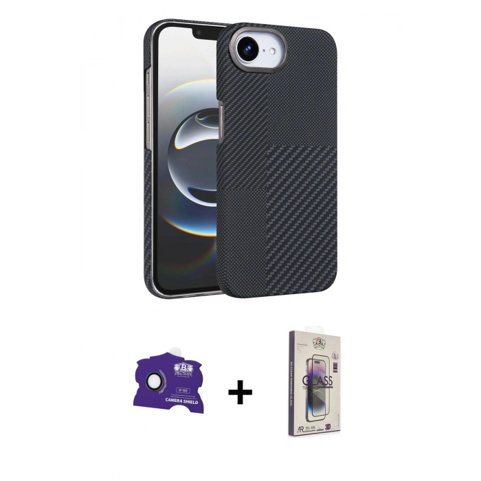 MARSİLYAN™- iPhone 16E Kılıf Doruk Serisi - Siyah Bilvis 3D Cam Ekran Koruyucu + Bilvis Titan Kamera Lens - RW