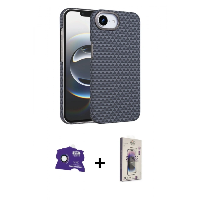 MARSİLYAN™- iPhone 16E Kılıf Doruk Serisi - Siyah Bilvis 3D Cam Ekran Koruyucu + Bilvis Titan Kamera Lens - RW