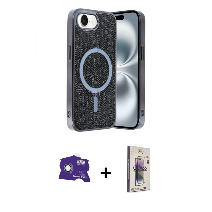 MARSİLYAN™- iPhone 16E Kılıf Eksen Çizgi - Siyah Bilvis 3D Cam Ekran Koruyucu + Bilvis Titan Kamera Lens - BZ