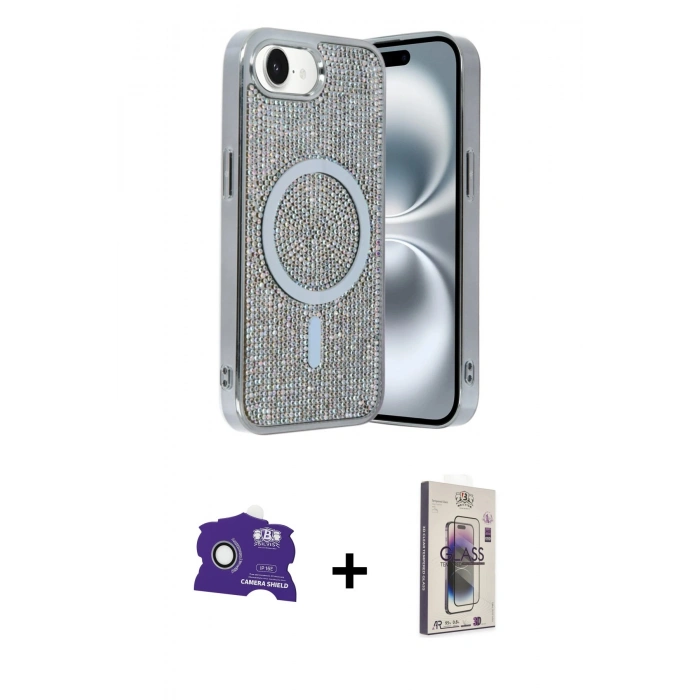 MARSİLYAN™- iPhone 16E Kılıf Eksen Çizgi - Siyah Bilvis 3D Cam Ekran Koruyucu + Bilvis Titan Kamera Lens - BZ