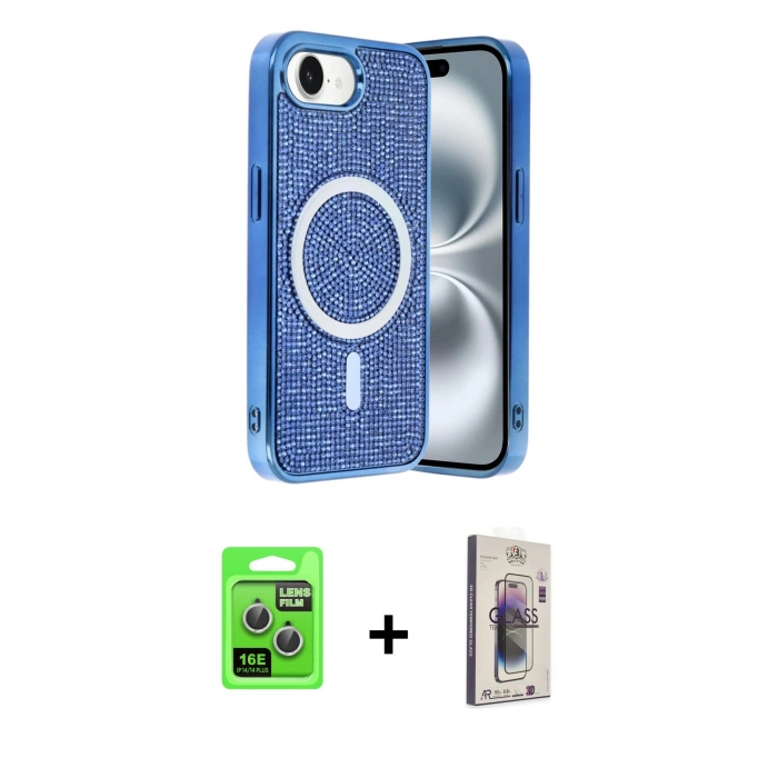 MARSİLYAN™- iPhone 16E Kılıf Eksen Çizgi - Siyah Bilvis 3D Cam Ekran Koruyucu + Raze Metal Kamera Lens - GS