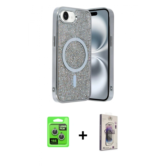 MARSİLYAN™- iPhone 16E Kılıf Eksen Çizgi - Siyah Bilvis 3D Cam Ekran Koruyucu + Raze Metal Kamera Lens - GS