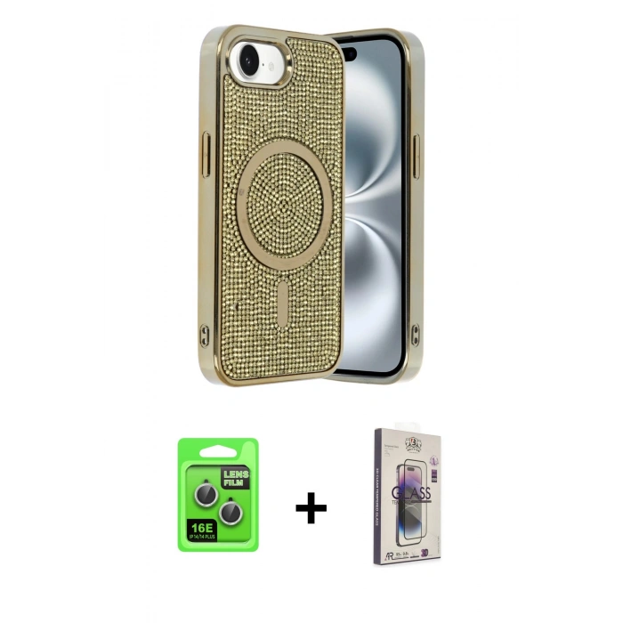 MARSİLYAN™- iPhone 16E Kılıf Eksen Çizgi - Siyah Bilvis 3D Cam Ekran Koruyucu + Raze Metal Kamera Lens - GS