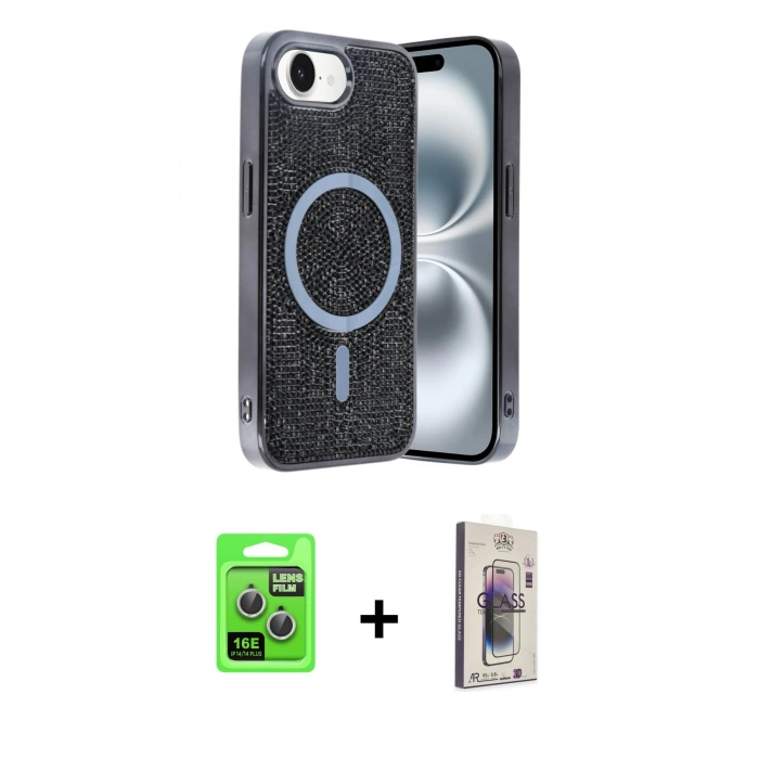 MARSİLYAN™- iPhone 16E Kılıf Eksen Çizgi - Siyah Bilvis 3D Cam Ekran Koruyucu + Raze Metal Kamera Lens - GS