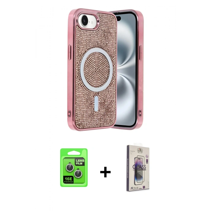 MARSİLYAN™- iPhone 16E Kılıf Eksen Çizgi - Siyah Bilvis 3D Cam Ekran Koruyucu + Raze Metal Kamera Lens - GS