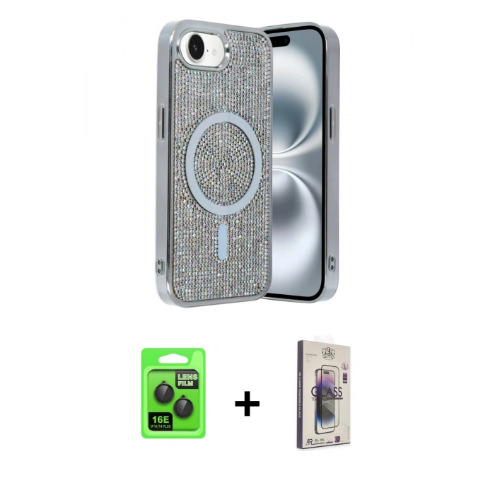 MARSİLYAN™- iPhone 16E Kılıf Eksen Çizgi - Siyah Bilvis 3D Cam Ekran Koruyucu + Raze Metal Kamera Lens - SH