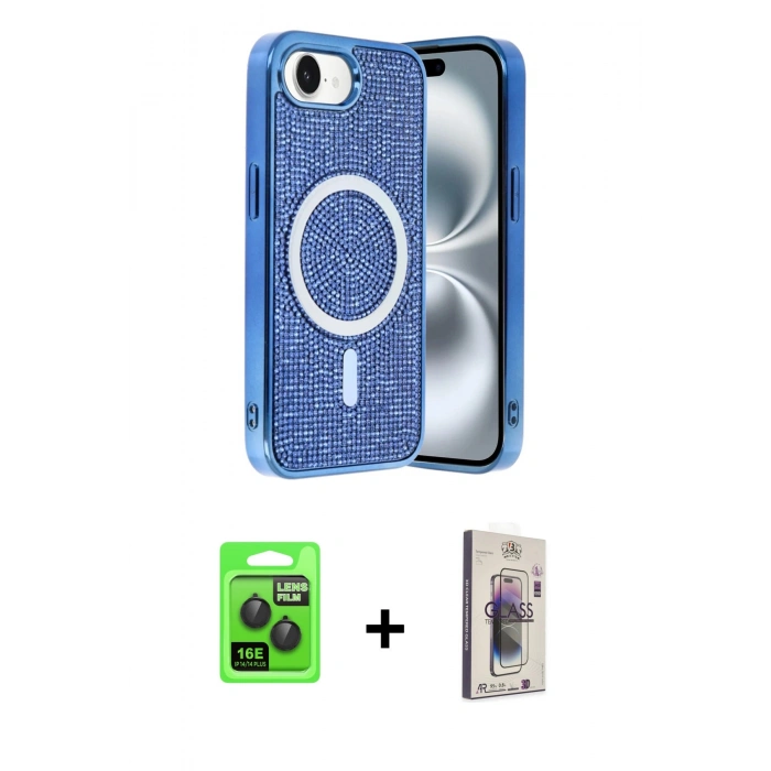 MARSİLYAN™- iPhone 16E Kılıf Eksen Çizgi - Siyah Bilvis 3D Cam Ekran Koruyucu + Raze Metal Kamera Lens - SH