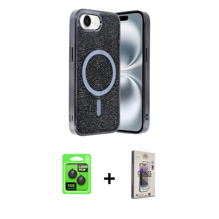 MARSİLYAN™- iPhone 16E Kılıf Eksen Çizgi - Siyah Bilvis 3D Cam Ekran Koruyucu + Raze Metal Kamera Lens - SH