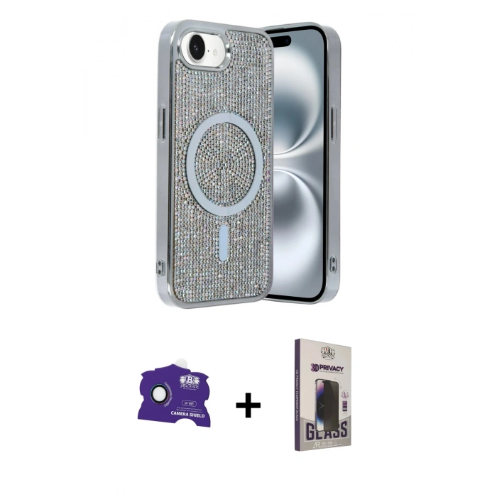 MARSİLYAN™- iPhone 16E Kılıf Eksen Çizgi - Siyah Bilvis Hayalet Cam Ekran Koruyucu + Bilvis Titan Kamera Lens - RW